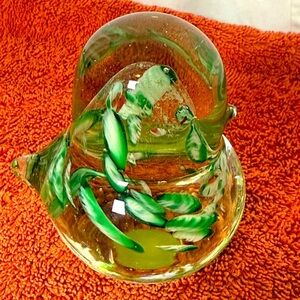 Vintage‎ Art Glass Paperweight Chunky Glass Bird Clear With Green & Wht Swirls